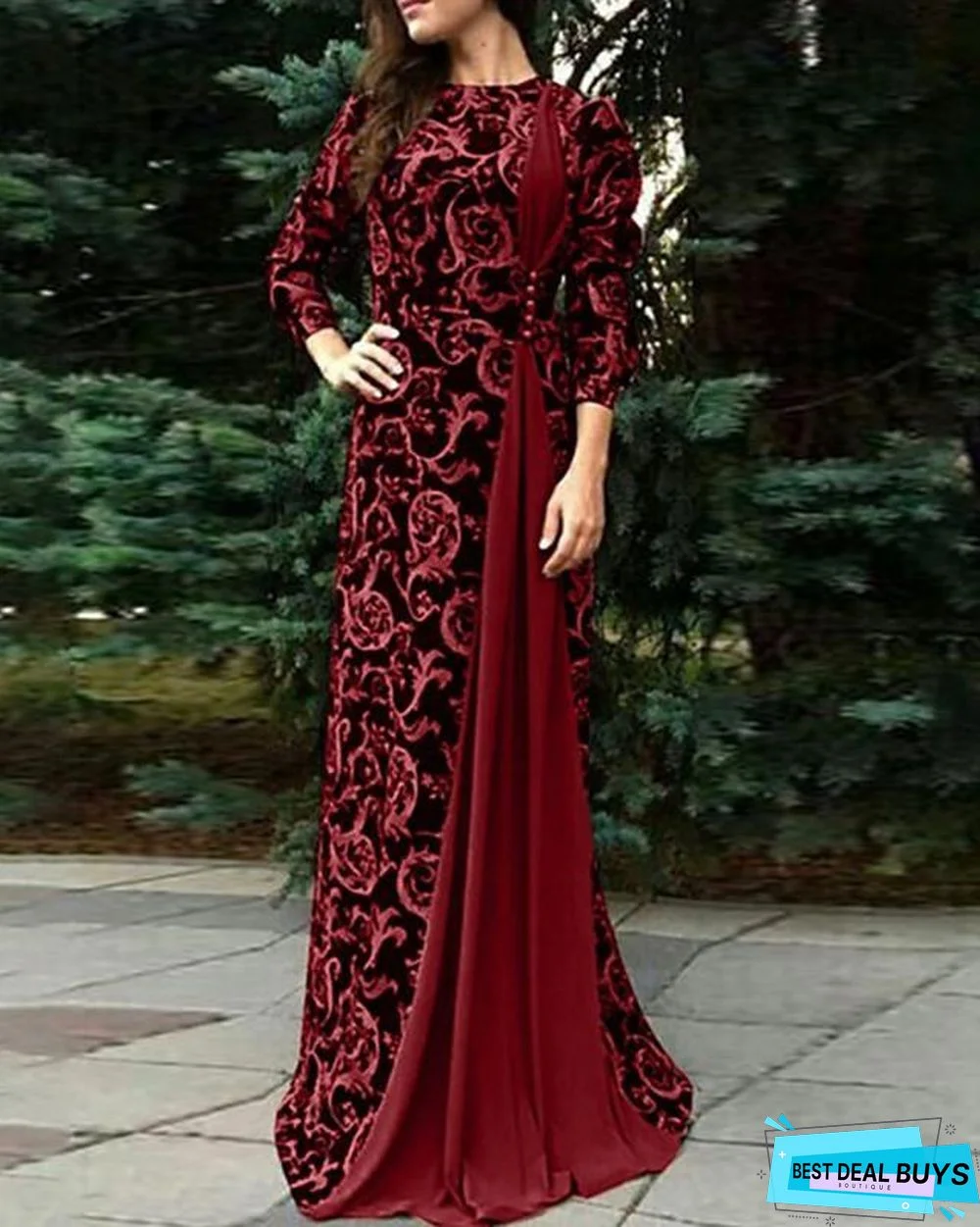 Women's Maxi Long Dress - 3/4 Length Sleeve Paisley Patchwork Print Fall Winter Plus Size Hot Elegant Black Blue Red Brown