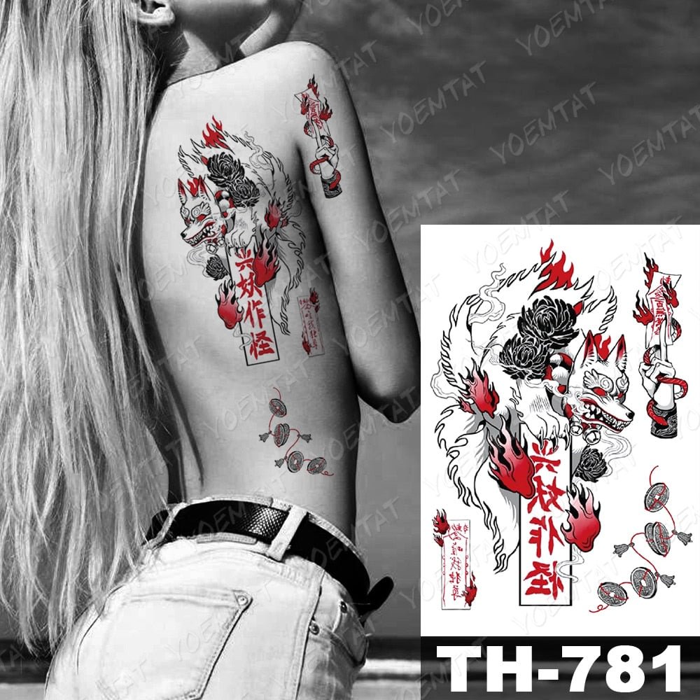 Waterproof Temporary Tattoo Stickers Fox Dragon Wolf Monster Old School Lotus Peony Flash Tatto Women Men Body Art Fake Tattoos