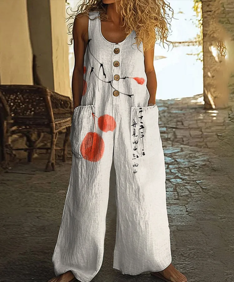 Retro Art Print Casual Wide Leg Jumpsuit