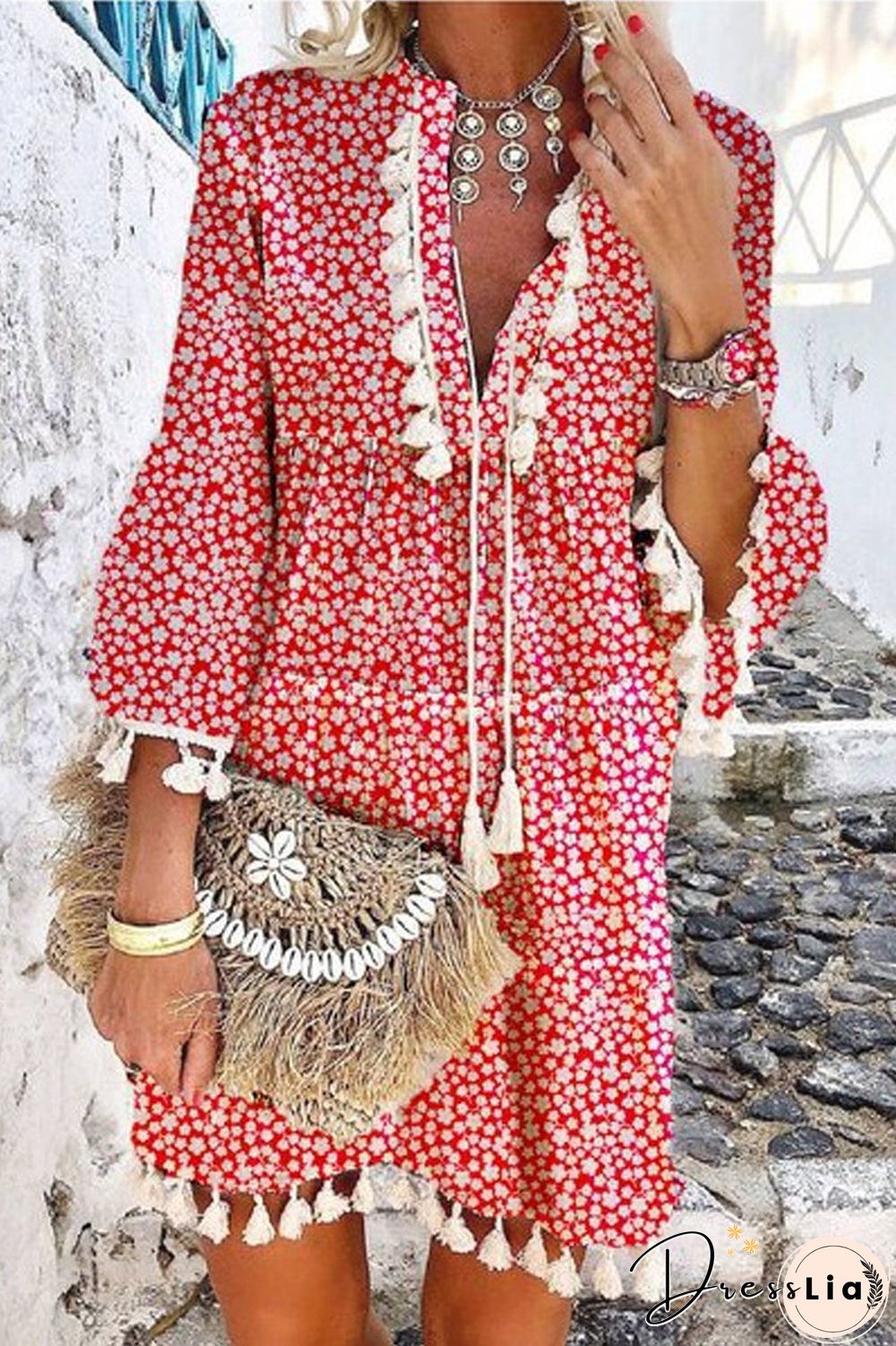 Bohemian V-Neck Tassel Dress