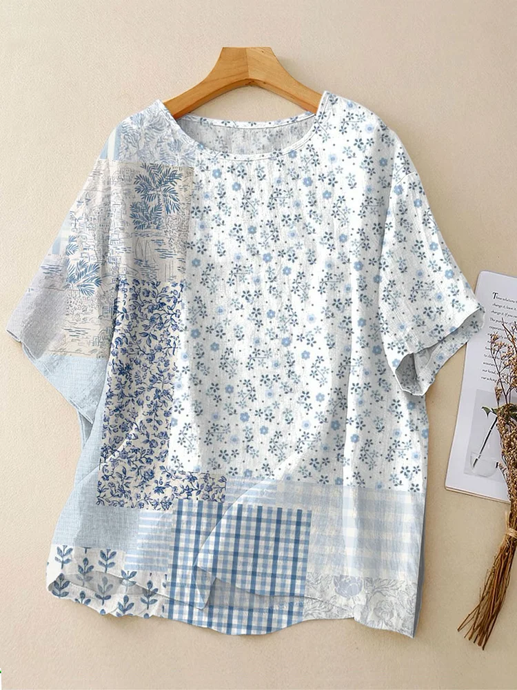 Women's  Vintage Flowers Art Print  Casual Linen Crew Neck Shirt