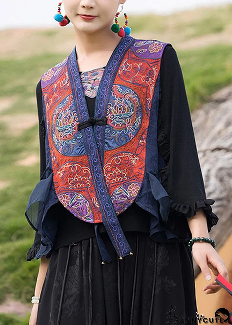 Retro Blue V Neck Embroideried Floral Waistcoat Sleeveless