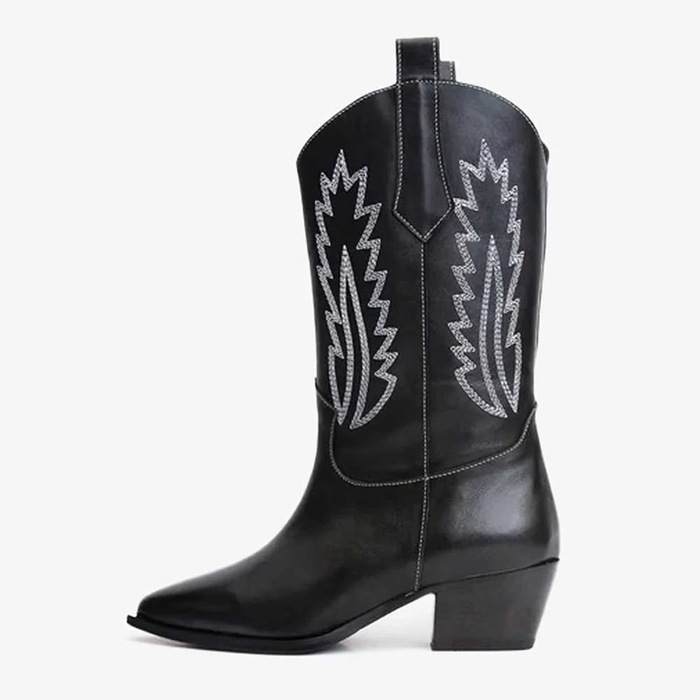 Black Pointed Toe Embroidered Chunky Heel Western Boots for Women