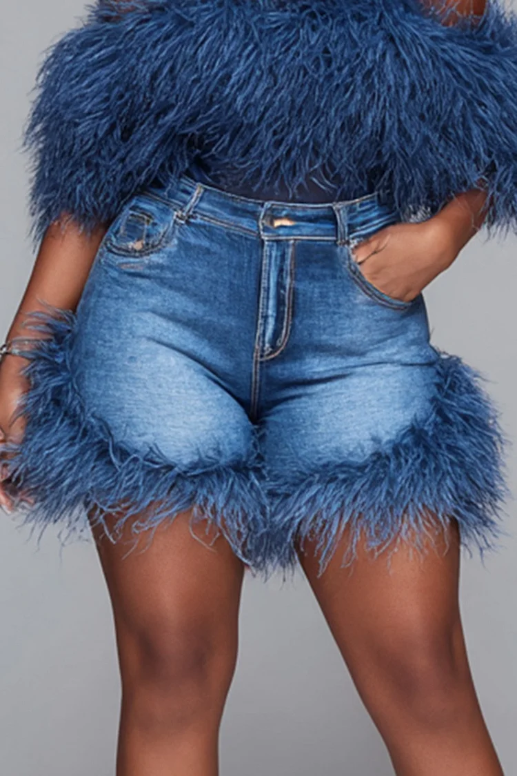 Xpluswear Design Plus Size Party Blue Denim Feather Pocket Shorts [Pre-Order]