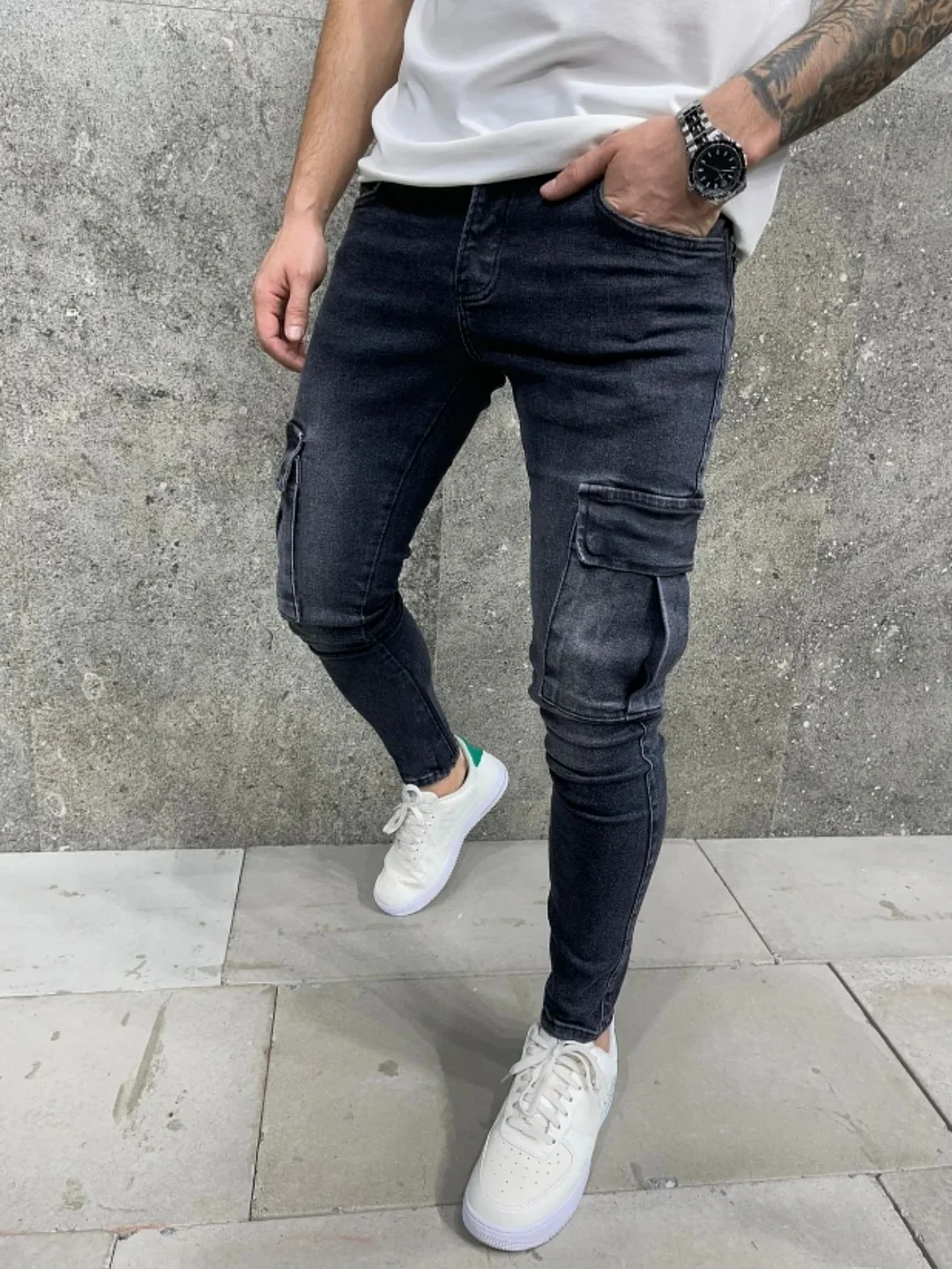 Men's Ripped Biker Jeans Skinny Slim Fit Side Pocket Denim Jeans for Man