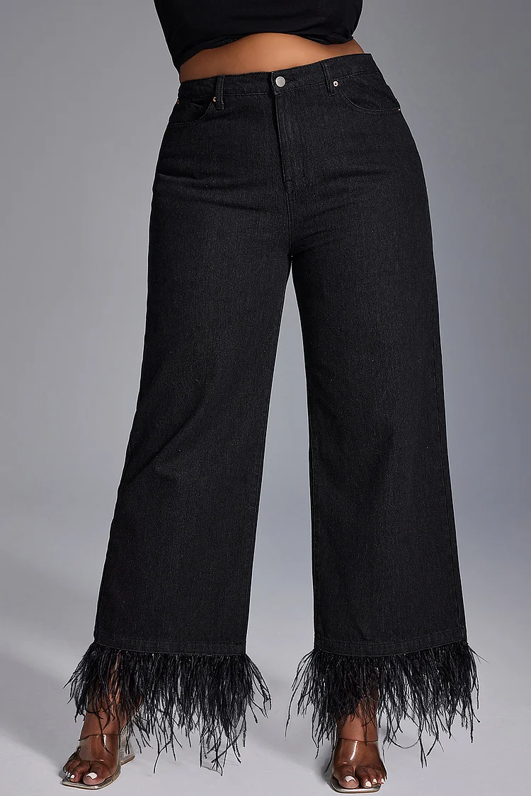 Xpluswear Design Plus Size Daily Jean Black High Waist Straight Leg Feather Jean [Pre-Order]