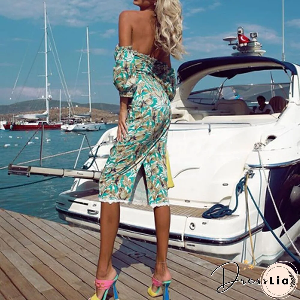 Elegant Floral Ladies Party Dress Autumn Ladies Fashion Balloon Sleeve Office Dress Sexy Off Shoulder Off Back Body Dress