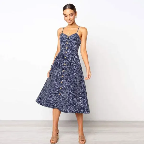 Button Striped Print Cotton Casual Beach Summer Dress Sexy Spaghetti Strap Pockets V-neck Off Shoulder Women Midi Dress Vestidos