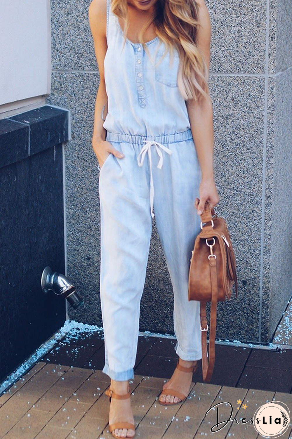 Casual Street Solid Frenulum Buckle U Neck Jumpsuits