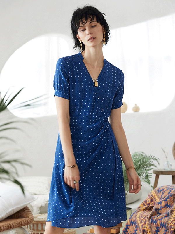 French Design Blue Silk Dress