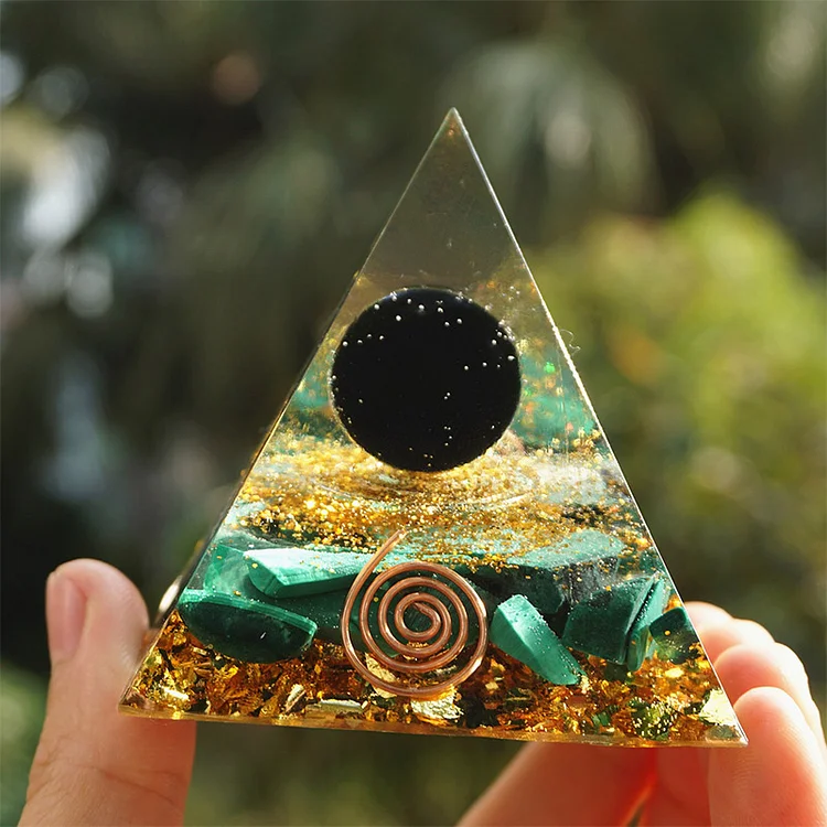 Malachite With Obsidian Sphere Orgone Pyrammid