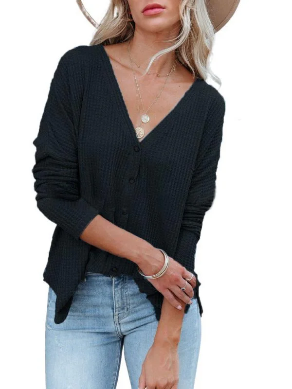 Women's Long sleeves V-neck Solid Single-Breasted Cardigan Top