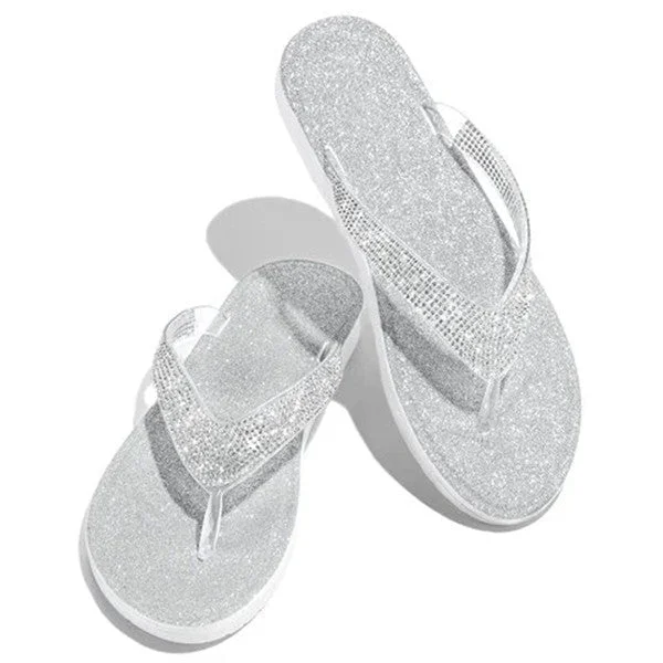 Silver Summer Artificial Leather Rhinestone Seaside Slippers