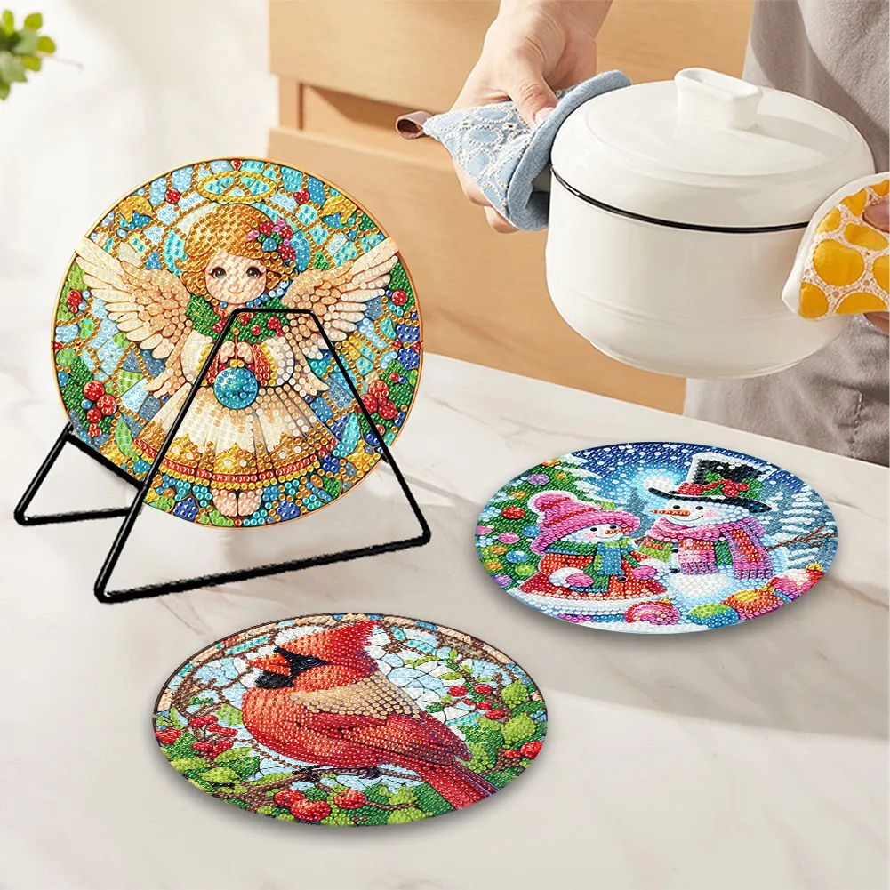5D DIY 4pcs Christmas Acrylic Diamond Painting Placemats DIY Diamond Dot Kits for Tabletop