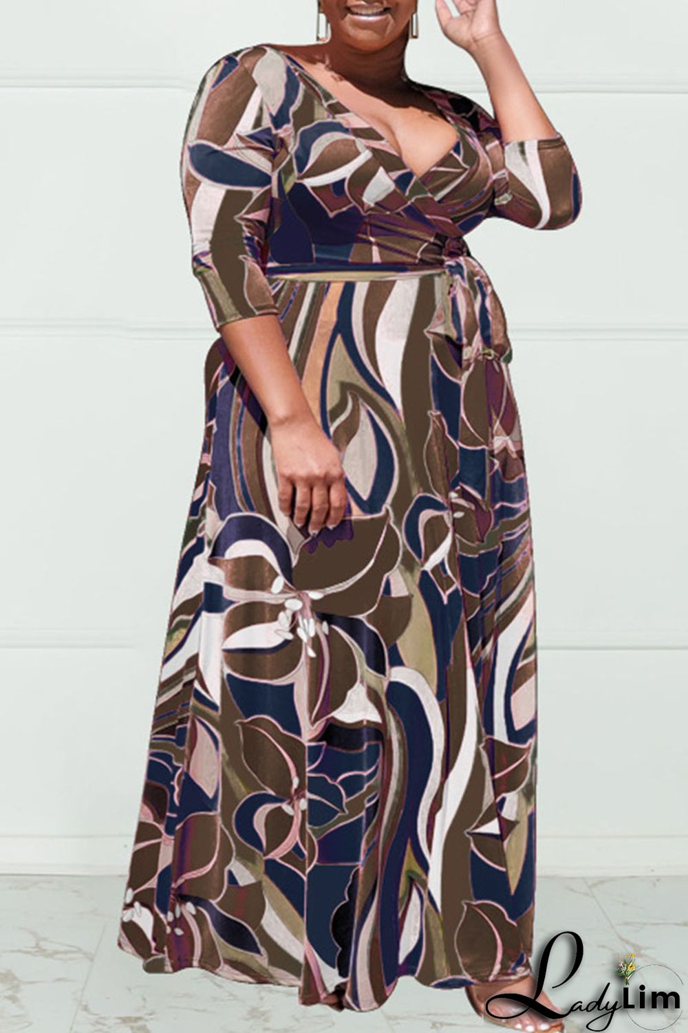 Purplish Blue Casual Print Bandage Patchwork V Neck Plus Size Dresses