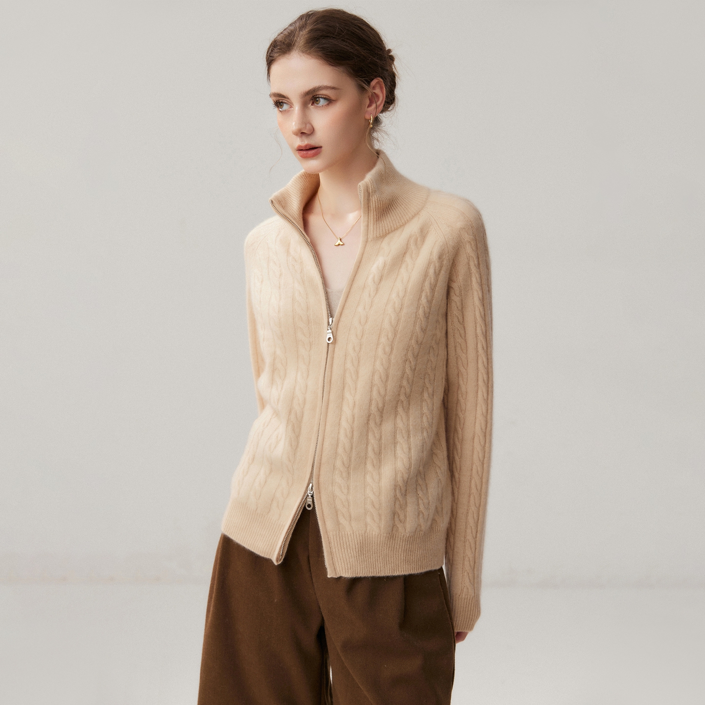 Women's Baby Cashmere Cardigan Relaxed Fit Cable-Knit Zip-Front REAL SILK LIFE