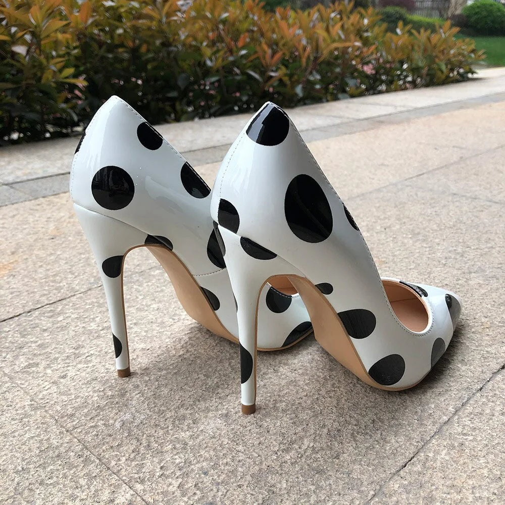 LOURDASPREC Poka Dot Print Women Cute Stiletto High Heels Office Elegant Ladies Slip on Pointed Toe Pumps Young Girls Shoes White