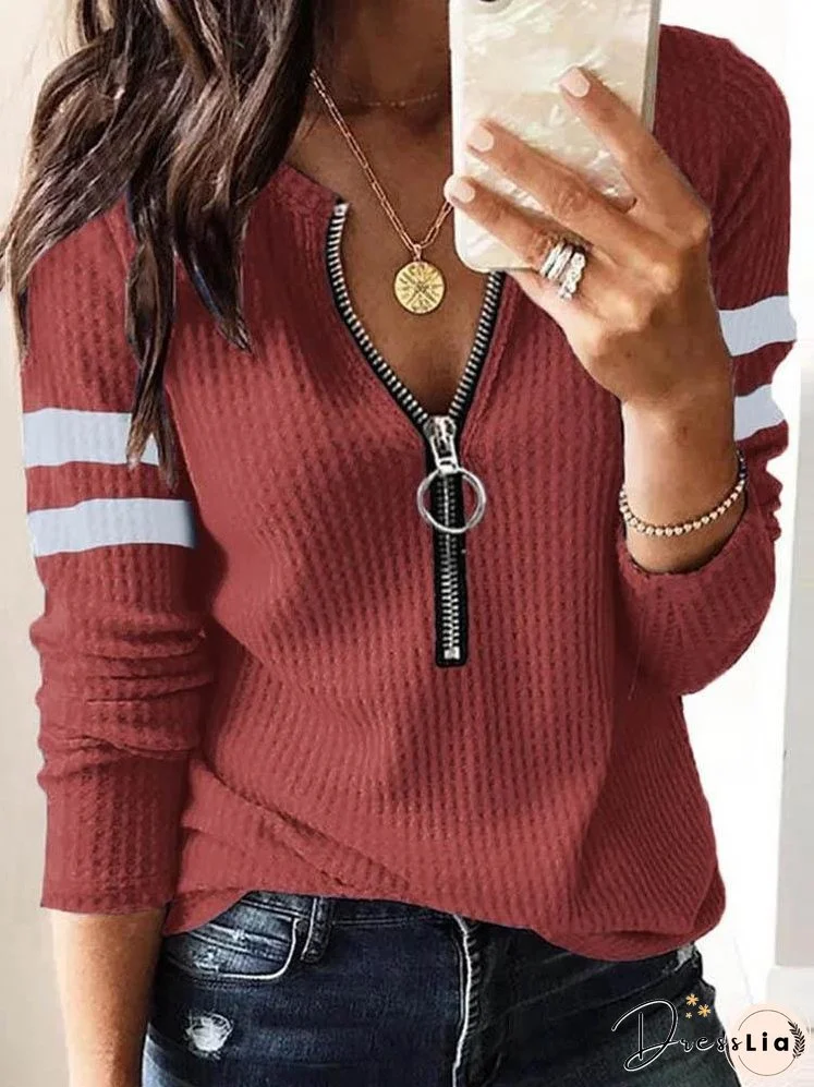 Colorblock Zipper Front Long Sleeve Top