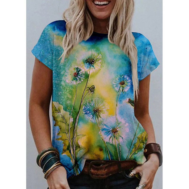 Dandelion Print Tees Women Summer Casual Short SleeveTshirt Vintage Round Neck Loose Oversize Festival Tops Ropa De Mujer S-5XL