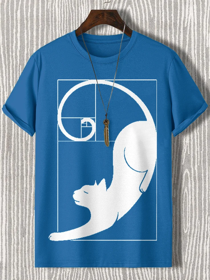 100% Cotton Men's Fibonacci Cat The Golden Ratio Print Casual T-Shirt