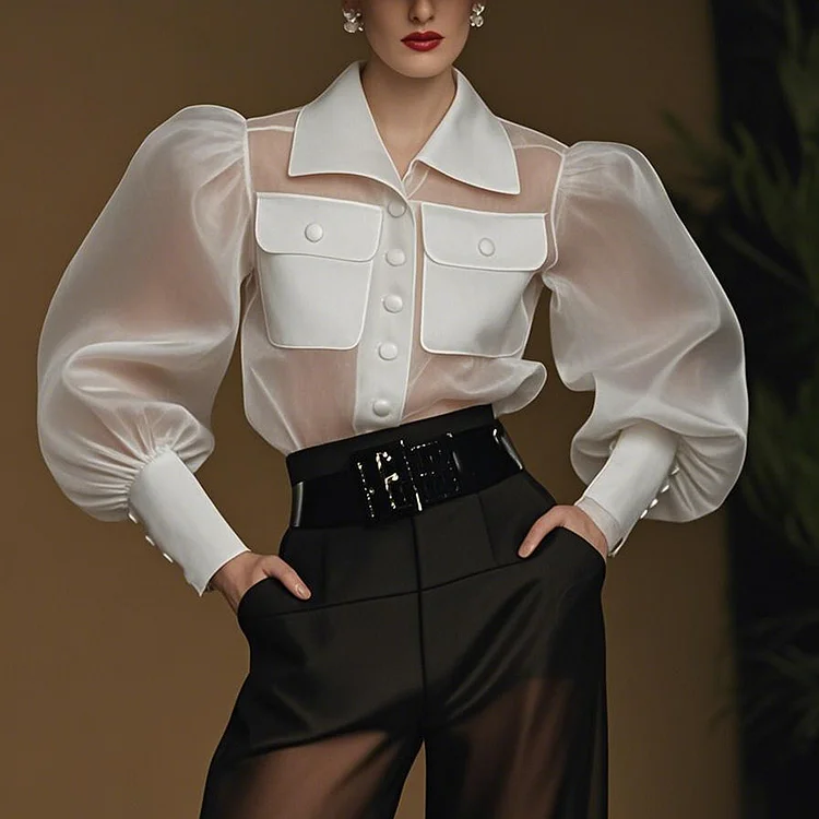 Ursime See-Through Shirt Collar Chest Pocket Button Puff Sleeve Blouse