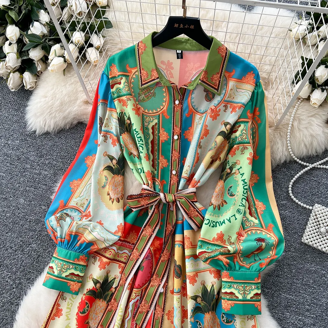 Churchf Churchf Printed Dress Woman 2025 Spring Strap To Cover Collar Long Sleeve Single Row Buckle Folding Skirt