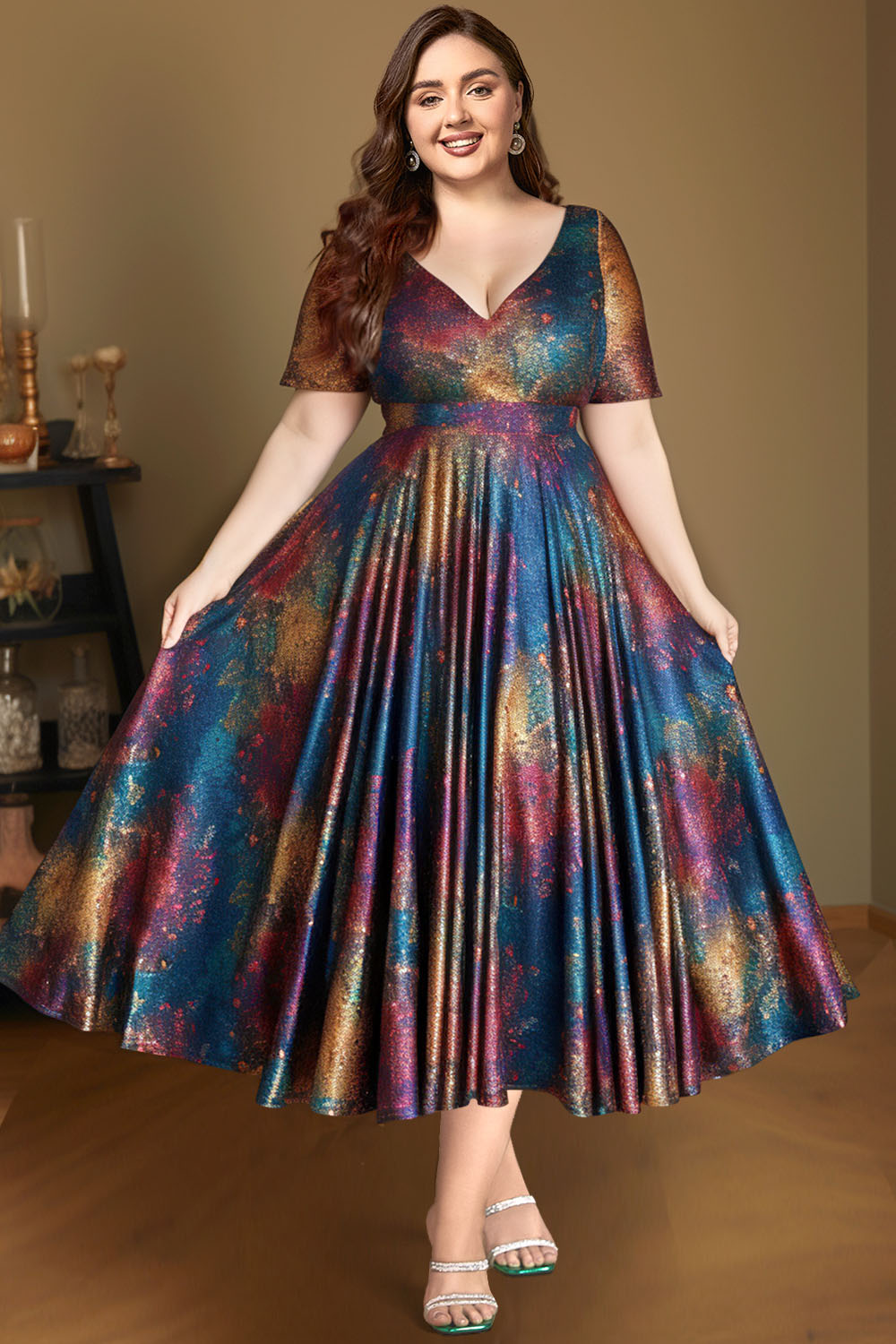 Flycurvy Plus Size Casual Multicolor Metallic Sparkly Print Empire Waist Tunic Tea-Length Dress