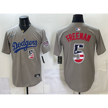 Men's Los Angeles Dodgers #5 Freddie Freeman Grey 250 Fourth of July Road Stitched Baseball Jersey