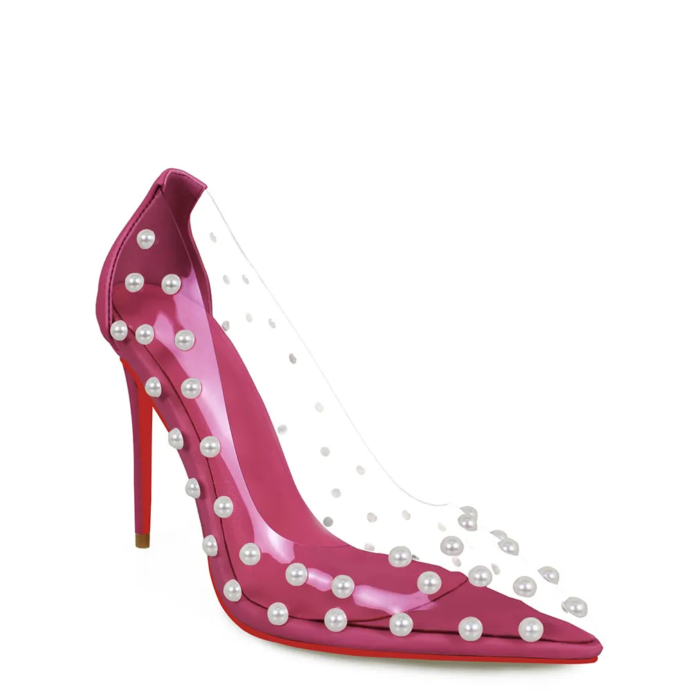 100mm Women's Pumps Pointed Toe Women High Heel Shoes Fashion Pearl Studded PVC Clear Heels Party Dress Red Bottom Shoes-vocosishoes