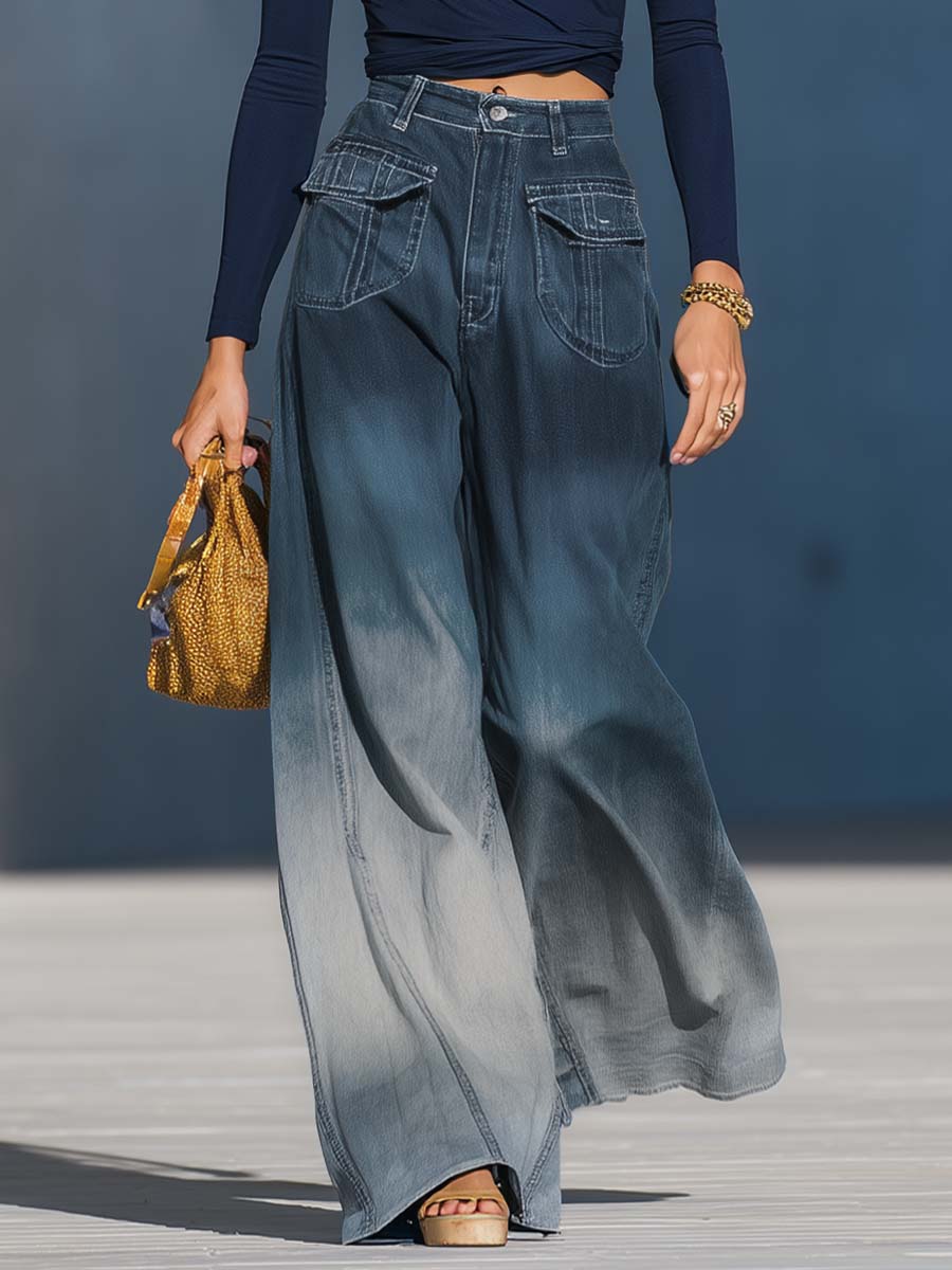 Casual Fashion Gradient Washed Denim Blue Gray Loose Pants