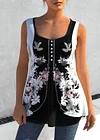 Plus Size Floral Print Decorative Button Faux Two Piece Tank Top
