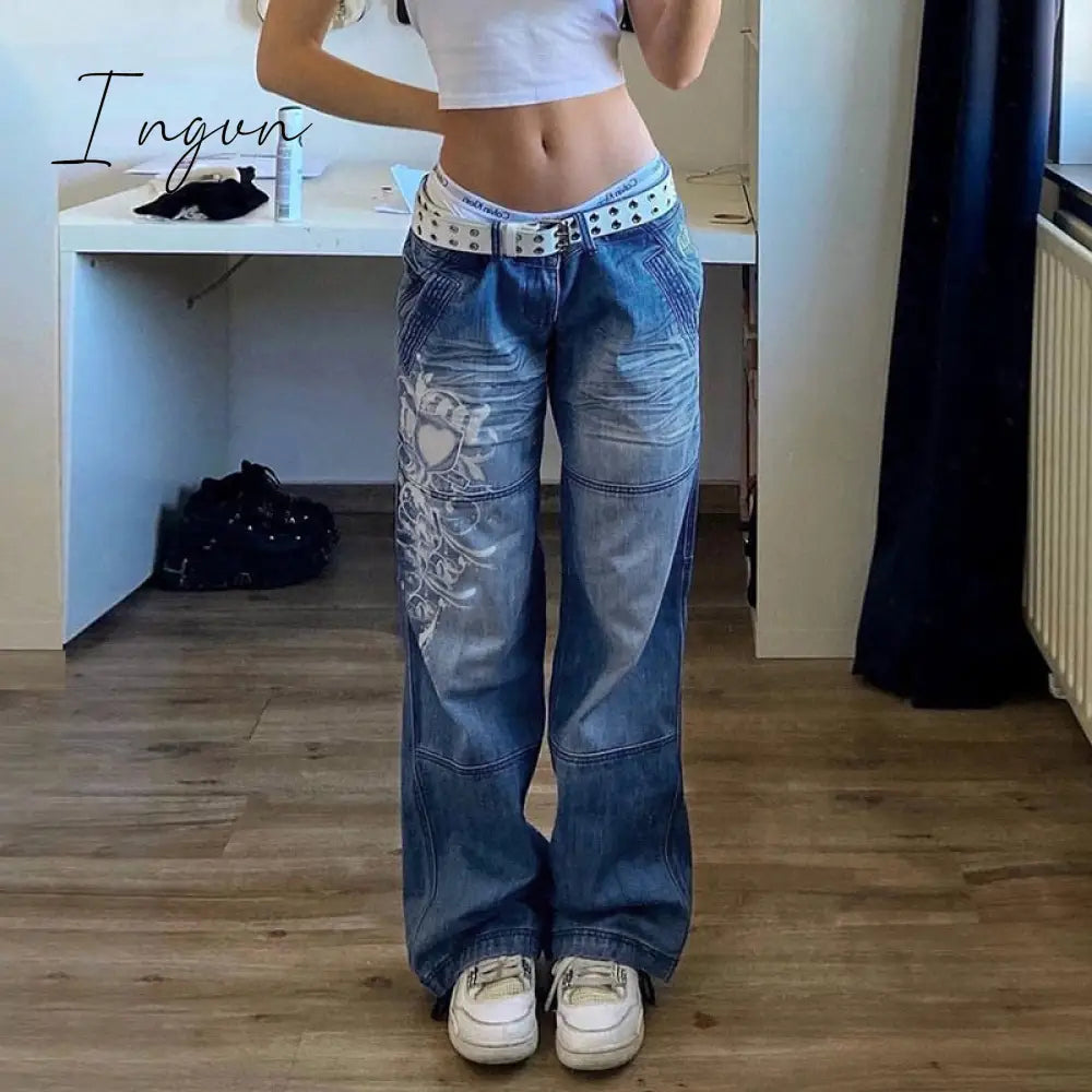 Ingvn - Spring Y2K European And American Street Simple Printing Low - Waist Button Jeans Women