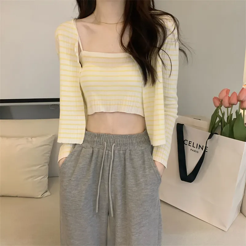 Uveng Uveng Summer New Fashion Temperament Sexy Knitted Striped High-Waisted Sling + Long-Sleeved Open-Shirt Two Sets