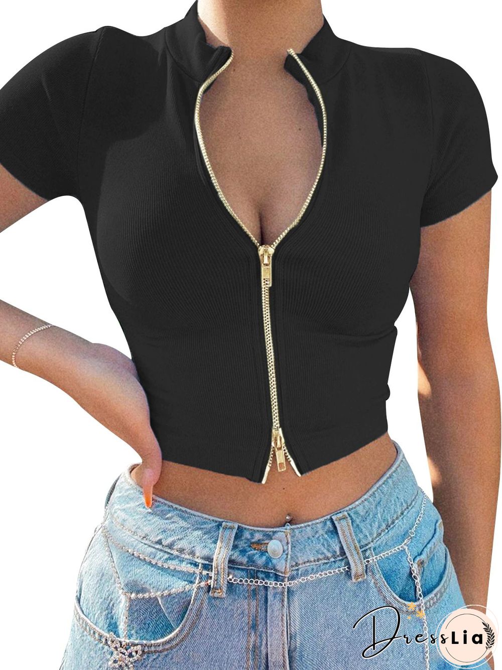 Back To School Outfits  Women'S Rib Knit T-Shirt Solid Color Zip Up Crop Tops Street Style Short Sleeve Slim Fit Mock Neck Tees Casual Summer Lady Top