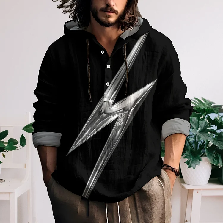 Men's Black Hooded Half Open  Made Of Linen Fabric Sweatershirt