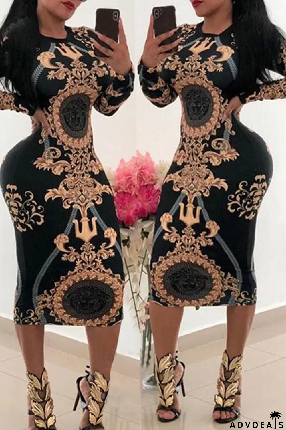 White Casual Printed Knitting Mid Calf Dress