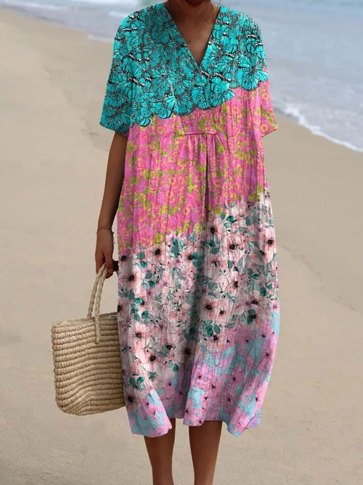 Women's Vintage Lovely Floral Art Print Flowy Dress