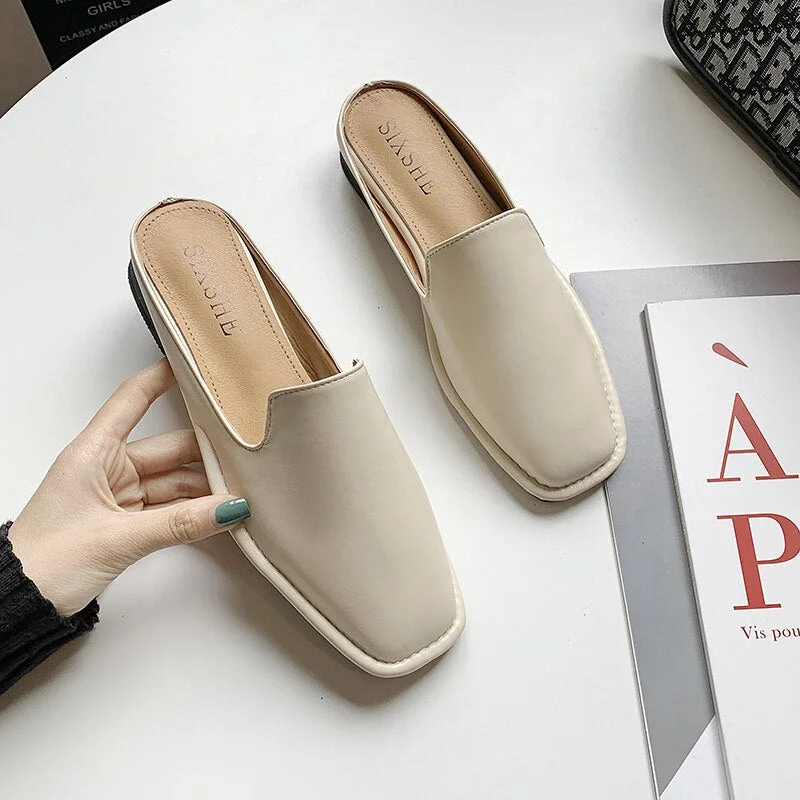 Summer Slippers Women Mules Comfortable PU Low Heel Slip-on Holiday Ladies Slides Mules Female Women Casual Shoes