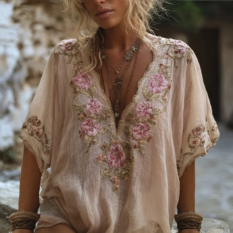 VChics Bohemian Style Embroidered Floral Pink Flowers Linen Vintage V-neck Short-sleeved Shirt