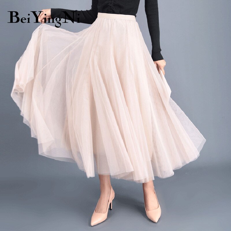 Beiyingni Adult Tulle Skirt Women Mesh High Waist Vintage Luxury Korean Casual Tutu Skirts Elegant Long Skirts Jupe Femme Faldas