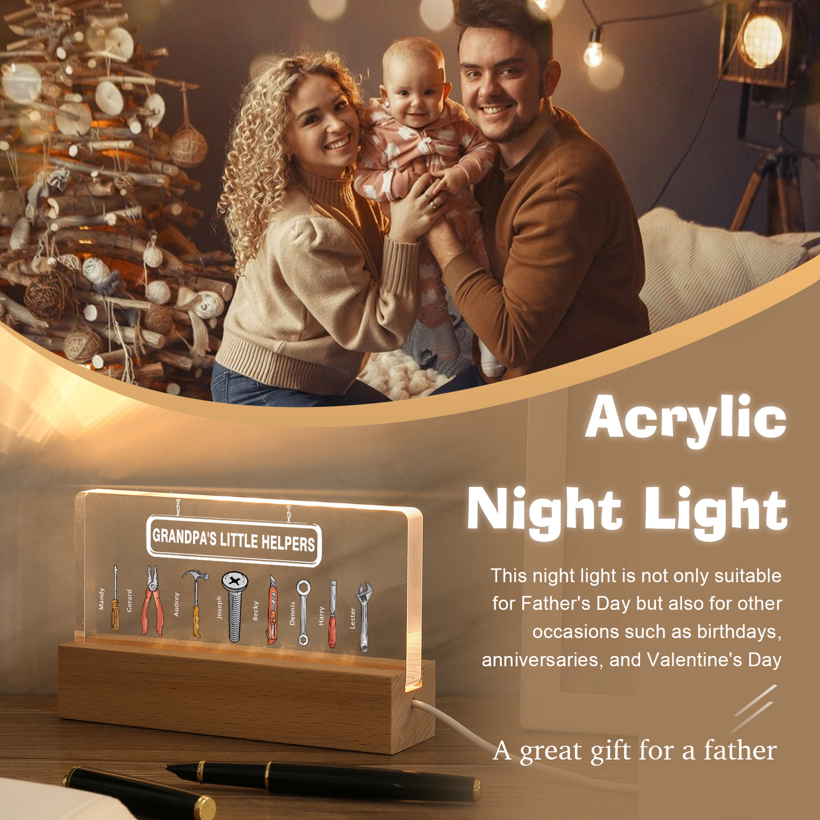 8 Names - Personalised Repair Tool Pattern Table Lamp Customized Text Father's Day Gift for Grandad/Dad