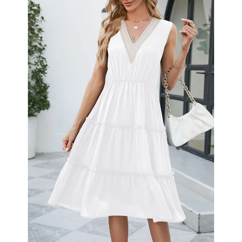 White Lace V Neck Tiered Sleeveless Casual Dress