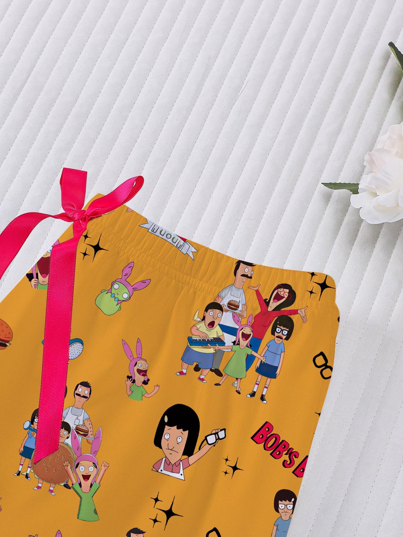 Women's Bob's Burgers Cartoon All-Over Print Pajama Set, Short-Sleeve & Long Shorts Loungewear, Three-Piece Sleepwear, Matching Pajamas