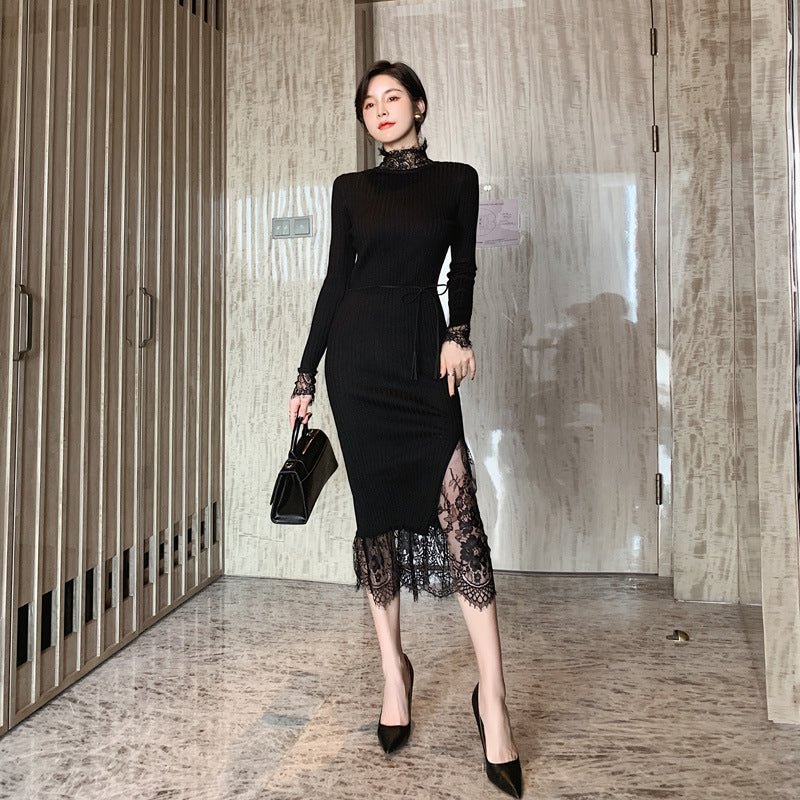 Black Slim-fit Slim Looking Base Knitted Dress Women's Lace Midi
