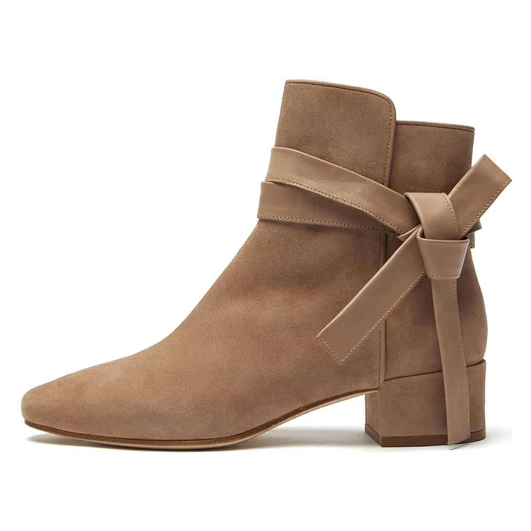 Khaki Vegan Suede Boots Bow Chunky Heel Ankle Boots |FSJ Shoes