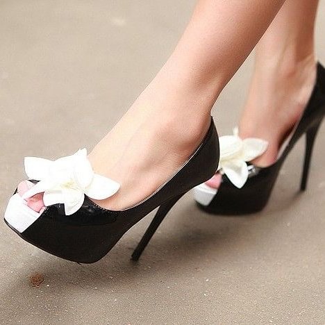 Women's Black with white Flower Peep Toe Stiletto Heels Sandals |FSJ Shoes