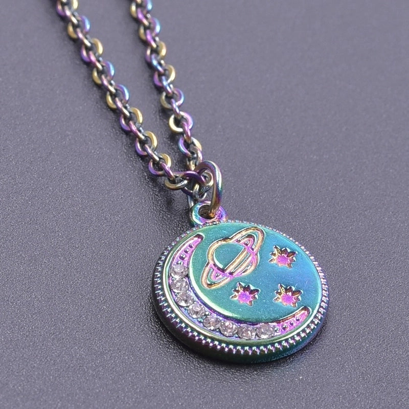 304 Stainless Steel 18K Gold Plated Basic Modern Style Classic Style Plating Inlay Geometric Moon Planet Rhinestones Pendant Necklace