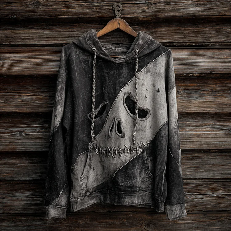 Halloween Skull Face Colorblock Stitched Washed Hoodie