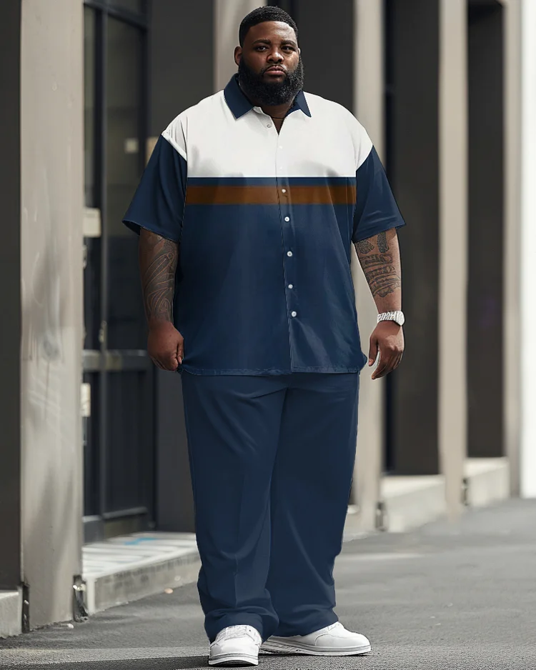 Men's Plus Size Business Simple Color Block Printed Short Sleeve Shirt Suit