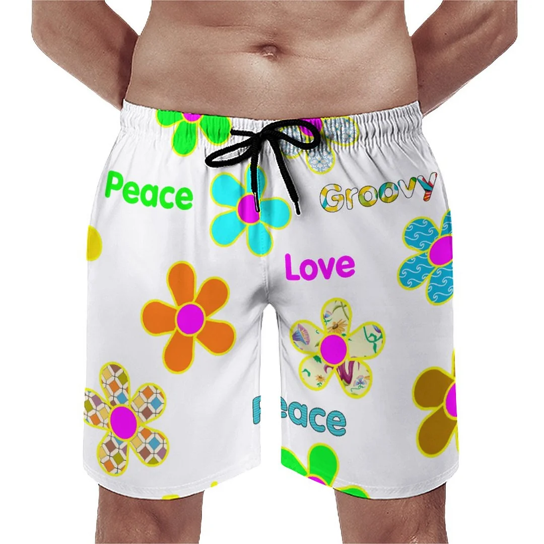 Aqua Psychedelic 60S Peace Love Groovy Teal Flowers Men's Swim Trunks Summer Board Shorts Quick Dry Beach Short with Pockets